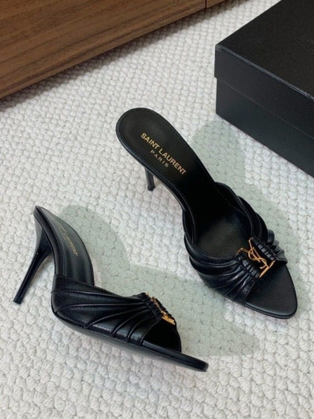 Yves Saint Laurent Black Pointed Toe Mules with Gold YSL Logo - Picture 2 of 4